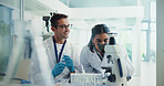 Scientist, assistant and man for chemistry testing, microscope and medical research. Pathology, laboratory and woman with study report for pharmaceutical or biotech experiment for breakthrough