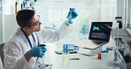 Scientist, man and beaker for dna in lab, test and medical research with analysis for gene editing. Person, process and glass container for chemical, laptop and charts with liquid sample for results