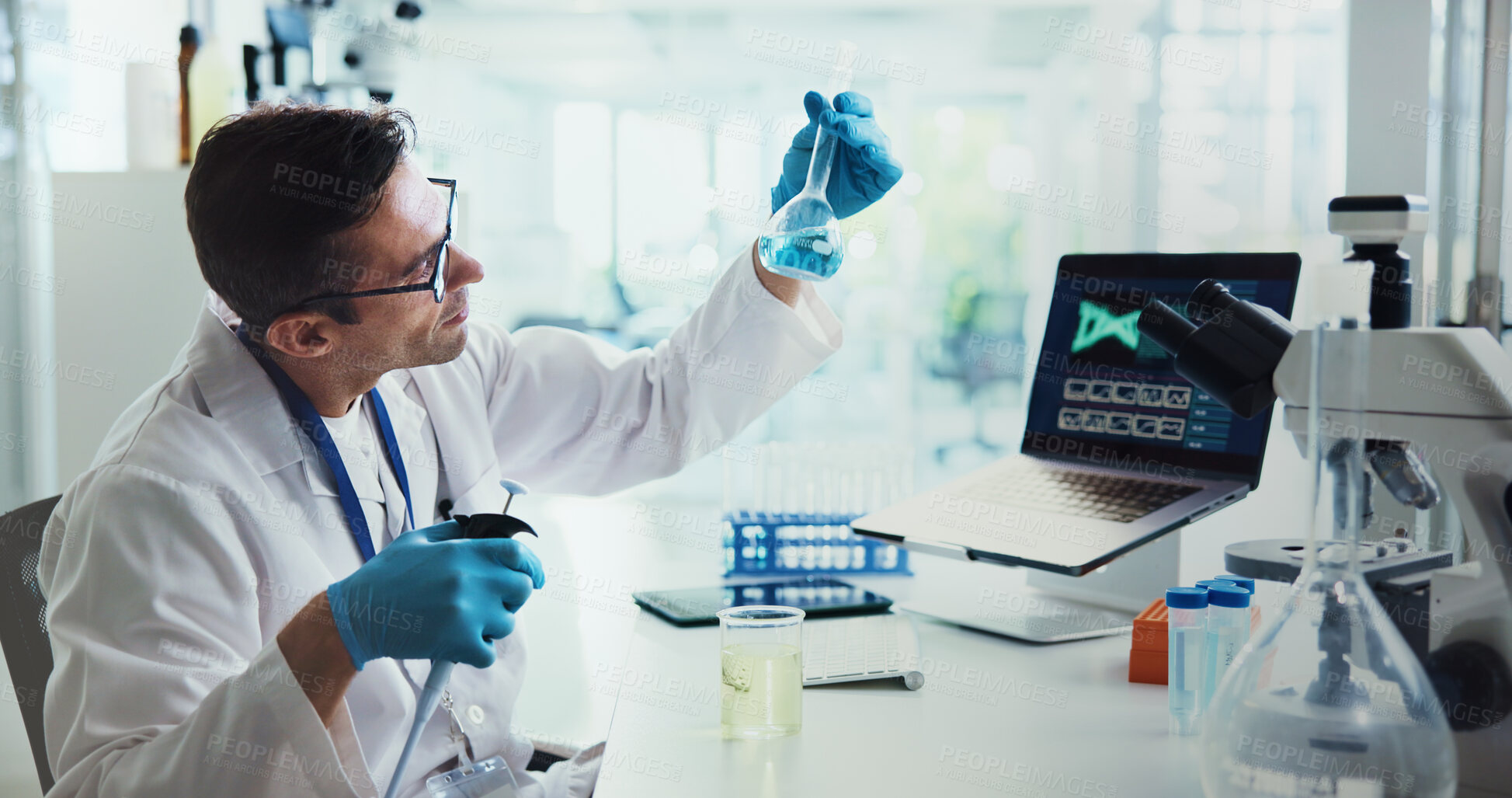 Buy stock photo Scientist, man and beaker for DNA in lab, test and medical research with analysis for gene editing. Person, process and glass container for chemical, laptop and charts with liquid sample for results