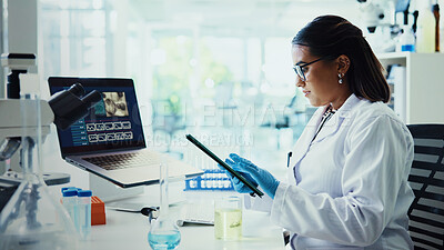 Buy stock photo Scientist, woman and tablet with report for chemistry, testing and medical research. Biotech, laboratory and analysis with data inspection for pharmaceutical or pathology experiment for breakthrough