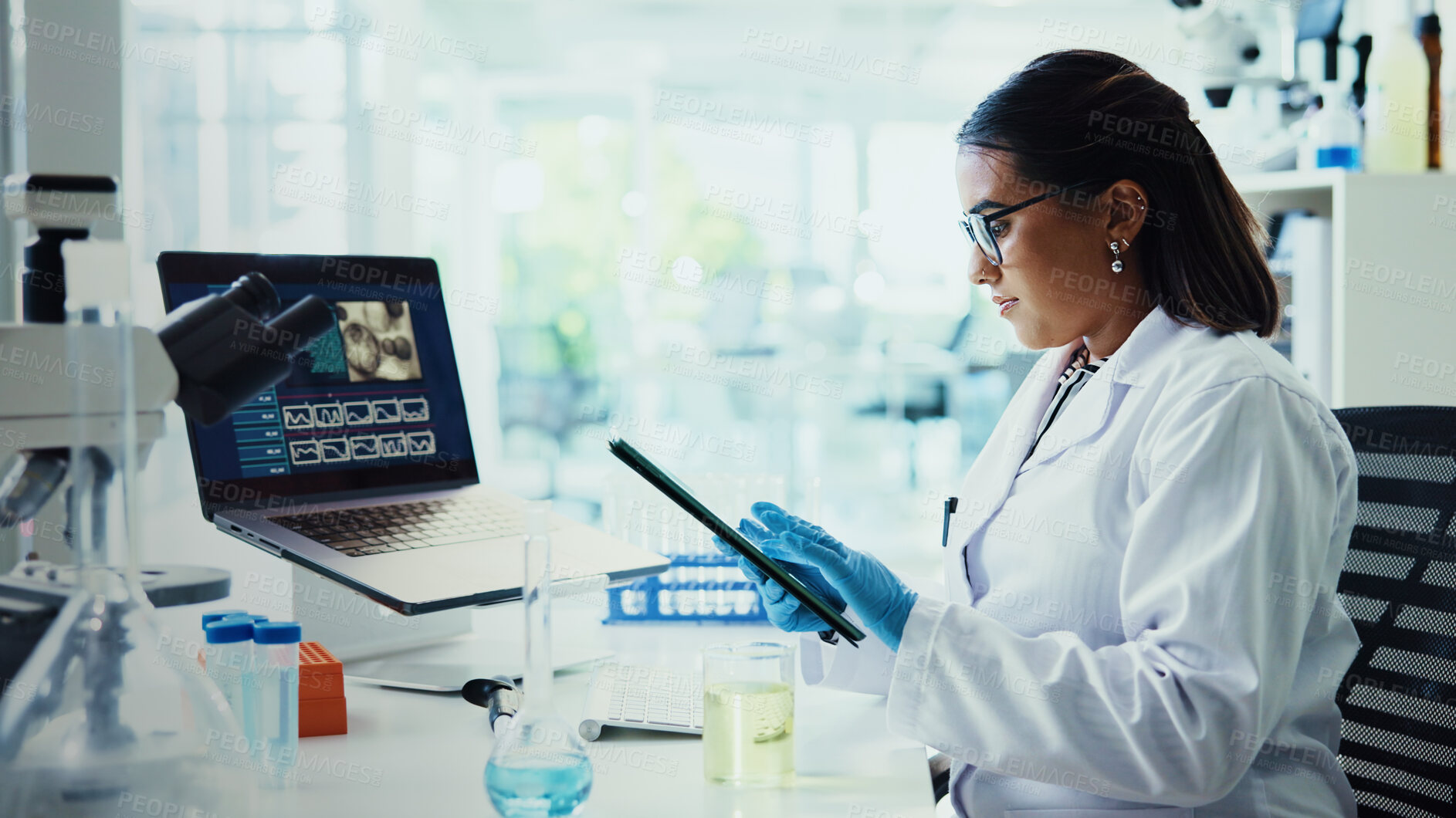 Buy stock photo Scientist, woman and tablet with report for chemistry, testing and medical research. Biotech, laboratory and analysis with data inspection for pharmaceutical or pathology experiment for breakthrough