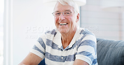 Buy stock photo Laugh, sofa and portrait of senior man in home for relaxing, resting and comfortable in morning. Retirement, house and mature person with smile for calm, peace and wellness in living room on weekend