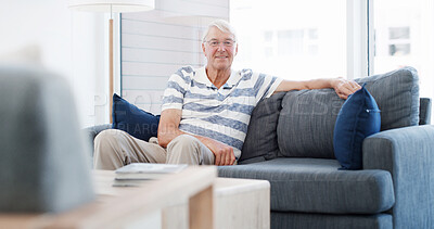 Buy stock photo Smile, sofa and portrait of senior man for relaxing, resting and comfortable in morning. Retirement, house and happy mature person on couch for calm, peace and wellness in living room on weekend
