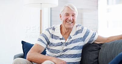Buy stock photo Home, sofa and portrait of senior happy man for relaxing, resting and comfortable in morning. Retirement, house and mature person with smile for calm, peace and wellness in living room on weekend