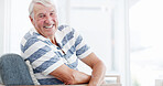 Happy, sofa and portrait of senior man in home for relaxing, resting and comfortable in morning. Retirement, house and mature person with smile for calm, peace and wellness in living room on weekend