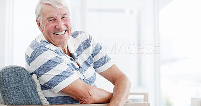 Buy stock photo Happy, sofa and portrait of senior man in home for relaxing, resting and comfortable in morning. Retirement, house and mature person with smile for calm, peace and wellness in living room on weekend