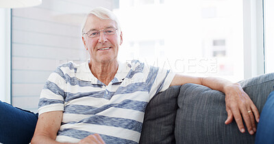 Buy stock photo Happy, sofa and portrait of old man in home for relaxing, resting and comfortable in morning. Retirement, house and senior person with smile for calm, peace and wellness in living room on weekend