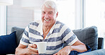 Home, portrait and old man with coffee laughing to relax on comfortable sofa for resting break. Smile, happy or elderly person drinking caffeine beverage for peace, retirement or energy in England
