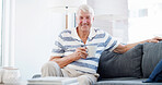 Home, senior and happy man with coffee to relax on comfortable sofa for resting break. Smile, retirement or elderly person drinking caffeine beverage for calm peace, portrait or wellness in Australia
