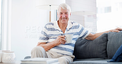 Buy stock photo Home, senior and happy man with coffee to relax on comfortable sofa for resting break. Smile, retirement or elderly person drinking caffeine beverage for calm peace, portrait or wellness in Australia