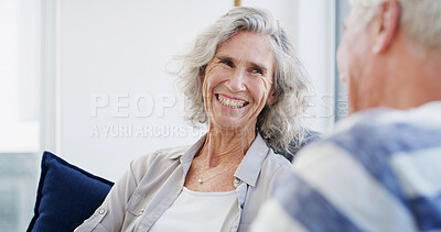 Buy stock photo Happy, senior couple and conversation in home, bonding and romance for relationship in living room. House, old man and woman in retirement, comfortable and elderly people in lounge, calm and marriage