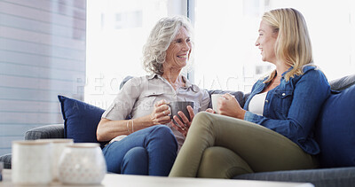 Buy stock photo Home, senior mother and daughter with conversation, relax and bonding together in living room. Family, parent and women on couch, discussion or comfort with weekend break, reunion or coffee in lounge