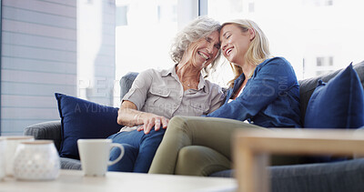 Buy stock photo Home, senior mother and daughter with love, relax and bonding together in living room. Family, parent and women on couch, discussion and comfort with weekend break, care and conversation in lounge