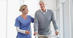 Happy nurse, elderly patient and walker with support for healthcare, assistance or help at hospital. Senior, caregiver or doctor with smile for assisted living or person with a disability at clinic
