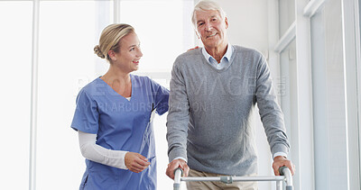 Buy stock photo Happy nurse, elderly patient and walker with support for healthcare, assistance or help at hospital. Senior, caregiver or portrait of doctor with assisted living or person with a disability at clinic