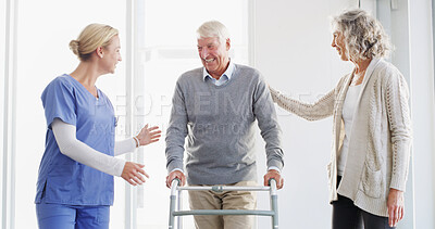Buy stock photo Nurse, wife or elderly man with walker, support or love for healthcare, advice or help in hospital. Senior people, caregiver or old couple with smile for assisted living or patient with disability