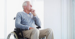 Thinking, wheelchair or elderly man by window in home for reflection, idea or hope for rehabilitation. Retirement, vision or senior person with disability, view or remember past memory with nostalgia