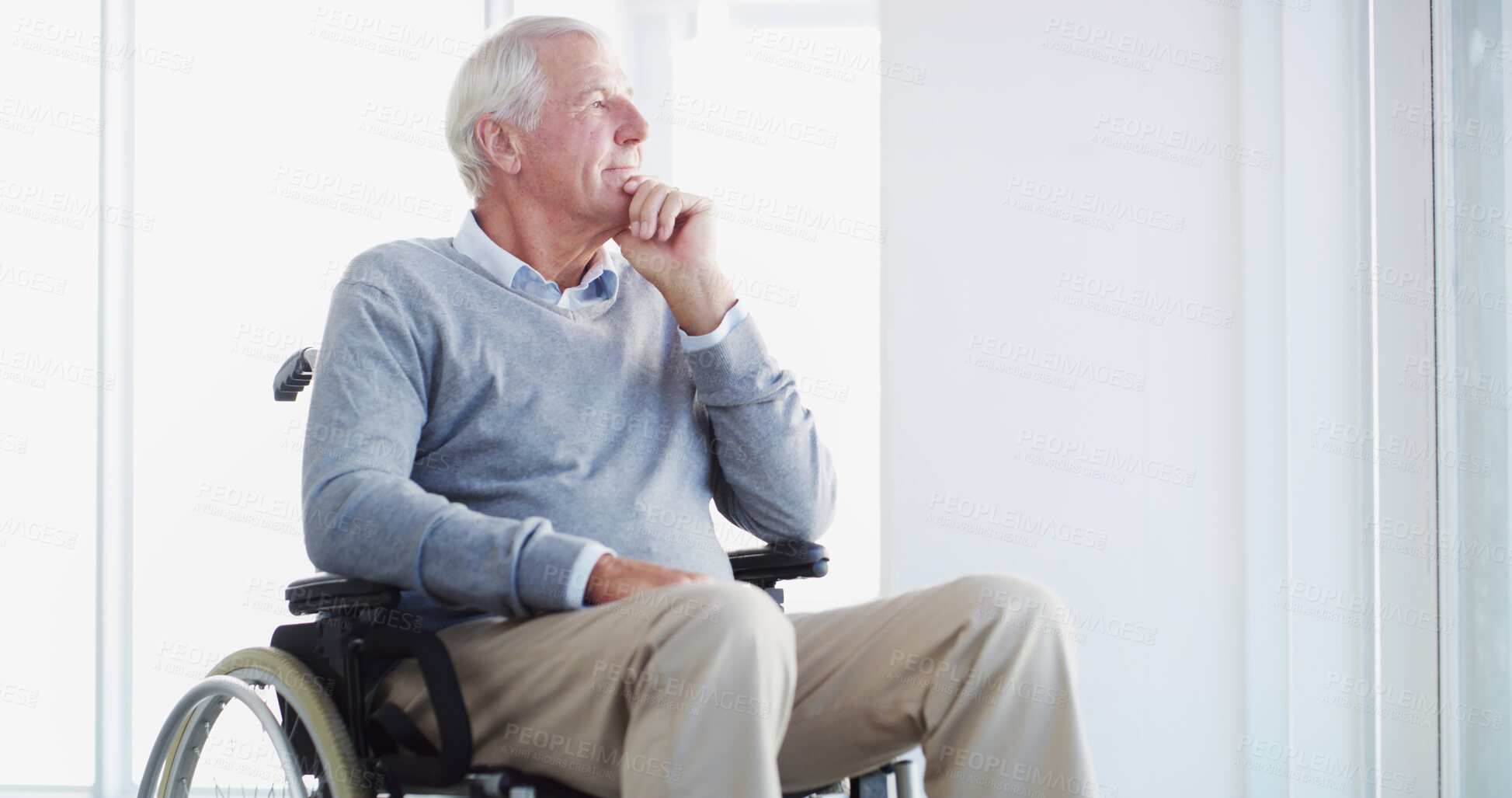 Buy stock photo Thinking, wheelchair or elderly man at window in home for reflection, idea or hope for rehabilitation. Retirement, vision or senior person with disability, view or remember past memory with nostalgia