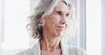 Thinking, retirement and senior woman in home with reflection, idea and hope by window for view. Dementia, vision and elderly person with alzheimer, nostalgia and remember past memory with peace