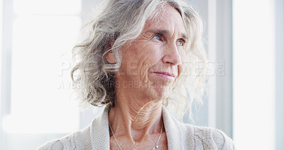 Buy stock photo Thinking, retirement and senior woman in home with reflection, idea and hope by window for view. Dementia, vision and elderly person with alzheimer, nostalgia and remember past memory with peace