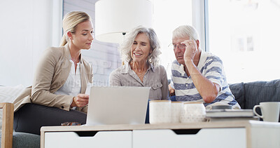 Buy stock photo Senior couple, reading or financial advisor with document for retirement plan, annuity or insurance in home. Elderly, people or accountant with paperwork for advice on laptop, pension funds or assets