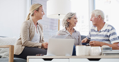 Buy stock photo Senior couple, happy or financial advisor with documents for retirement plan, annuity or insurance in home. Elderly people, laptop or accountant with paperwork for profit on pension funds or assets