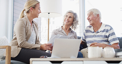 Buy stock photo Elderly couple, happy or financial advisor with documents for retirement plan, annuity or insurance in home. Senior people, laptop or accountant with paperwork for profit on pension funds or assets
