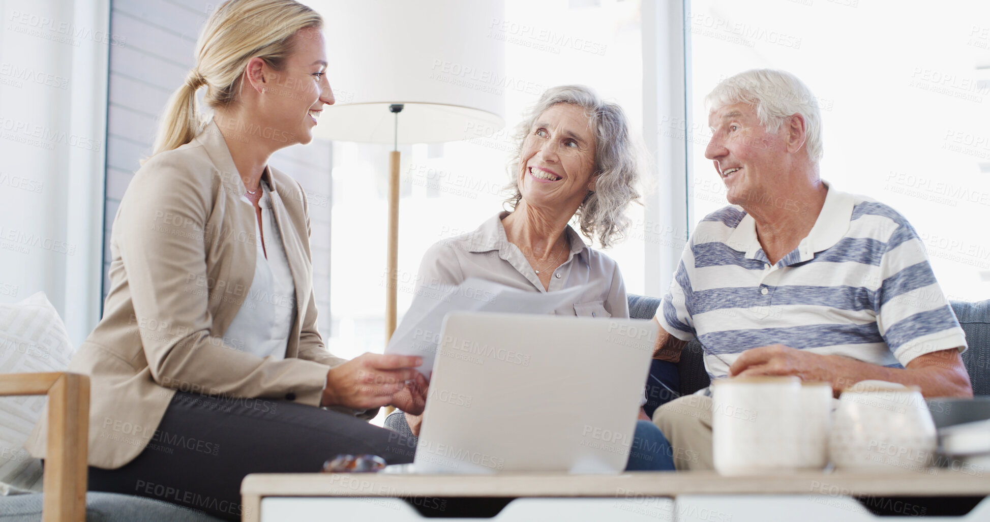 Buy stock photo Elderly couple, happy or financial advisor with documents for retirement plan, annuity or insurance in home. Senior people, laptop or accountant with paperwork for profit on pension funds or assets