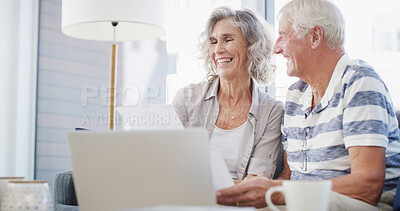 Buy stock photo Happy, old couple and laptop on sofa for paperwork, financial management and retirement plan. Senior people, man and woman with document for reading, review budget and investment with laugh at home