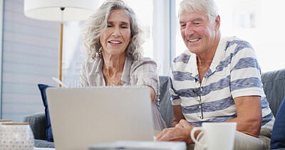 Buy stock photo Happy, old couple and laptop on sofa for budget, financial management and retirement plan. Senior people, man and woman with digital for reading, review insurance policy and online investment at home