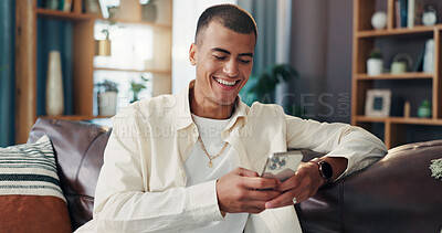 Buy stock photo Happy, laughing and man with phone on sofa for online joke, social media and internet post on weekend. Home, relax and person on smartphone for connection, communication and contact in living room