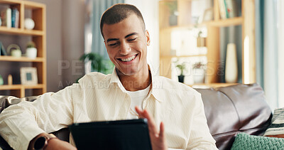 Buy stock photo Home, sofa and man with laughing for tablet, online news and reading information for blog in living room. House, male person and scroll with digital for social media, application and ebook on couch
