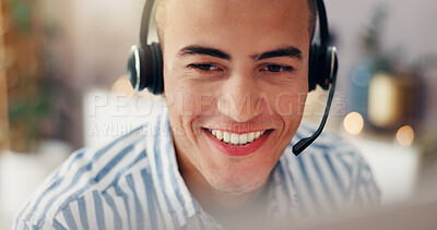 Buy stock photo Virtual assistant, remote work and happy man with headset in home for customer support, online help and talking. Consultant, freelance startup and person for communication, contact and crm service