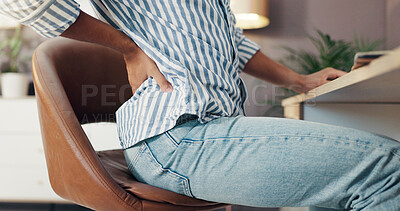 Buy stock photo Person, hands and chair with back pain or injury for bad posture or discomfort at home office. Closeup, freelancer or remote worker with sore spine or muscle tension for inflammation or fibromyalgia