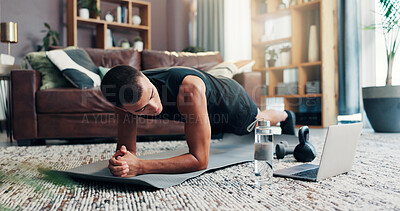 Buy stock photo Man, laptop and plank for fitness on floor, online course or balance with strong core muscle in home. Person, computer and virtual class for exercise, workout or training for abs with growth in house