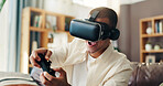 Man, vr goggles and video game on sofa, excited and controller in home for challenge in 3D metaverse. Person, augmented reality and glasses with futuristic ux, play and happy with tech at apartment