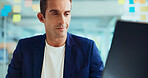 Thinking, laptop and man in office, internet and planning for project, creativity and connection. Person, employee and consultant in workplace, sales agency and pc for website info or problem solving
