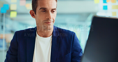 Buy stock photo Thinking, laptop and man in office, internet and planning for project, creativity and connection. Person, employee and consultant in workplace, sales agency and pc for website info or problem solving