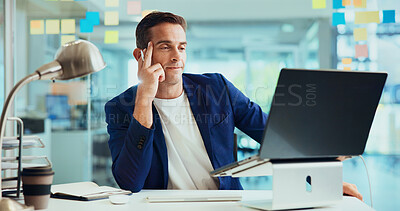 Buy stock photo Business, laptop and man in office, thinking and planning for project, research and problem solving. Person, employee and consultant with choice, sales agency or computer for website info or decision
