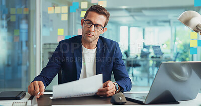 Buy stock photo Businessman, finance or documents with laptop for statistics report or company performance at office. Man, employee or financial analyst with paperwork for business growth or analytics at workplace