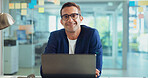 Business, man and portrait with laptop in office for article proofreading, editing news publication and planning. Editor, person and tech at creative agency for info verification and online research