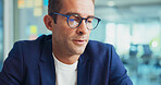 Businessman, glasses and thinking with creative application for software development, strategy or vision. Man, employee or designer with project plan for system agenda, tasks or update at workplace