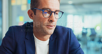 Buy stock photo Businessman, glasses and thinking with creative application for software development, strategy or vision. Man, employee or designer with project plan for system agenda, tasks or update at workplace