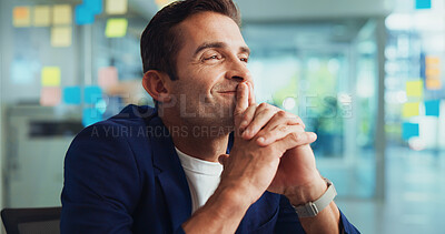 Buy stock photo Business, solution and man with thinking in office for campaign inspiration, problem solving and reflection. Creative agency, space and employee with smile for project management, planning and ideas