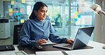 Business, woman or typing on laptop in office for news publication, article research or story development. Happy, journalist or online at media agency for creative process, feedback review or editing