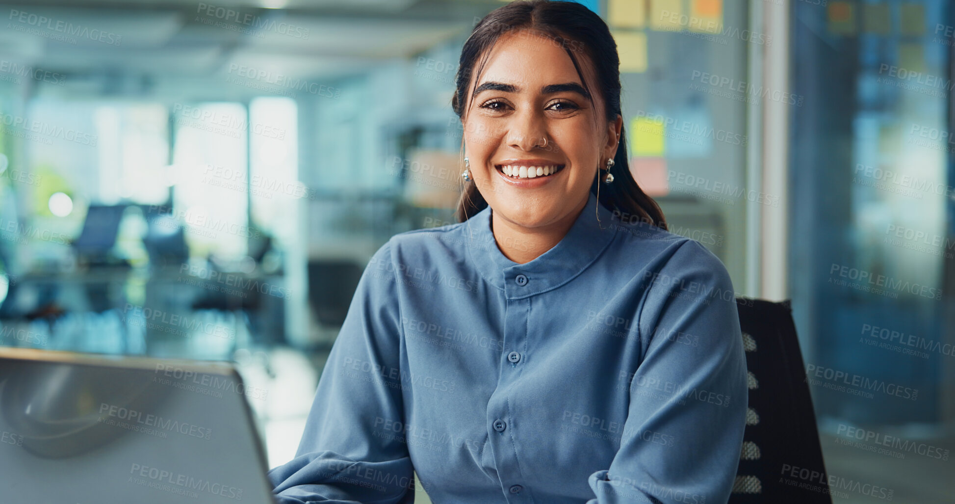 Buy stock photo Business, woman and creative with laptop in office for story research, editing news publication and planning. Journalist, portrait or tech at media agency for source verification and resource website