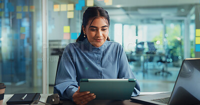 Buy stock photo Business, tablet and woman with online reading, connection and website info with social media. Person, creative agency and employee with tech, app and productivity with email for approval and network