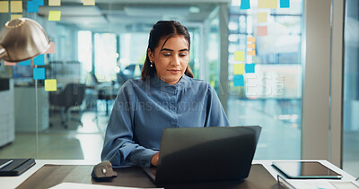 Buy stock photo Business, laptop and woman in office, internet and planning for project, decision and connection. Person, employee and consultant with sales agency, ideas and computer for website info and choice