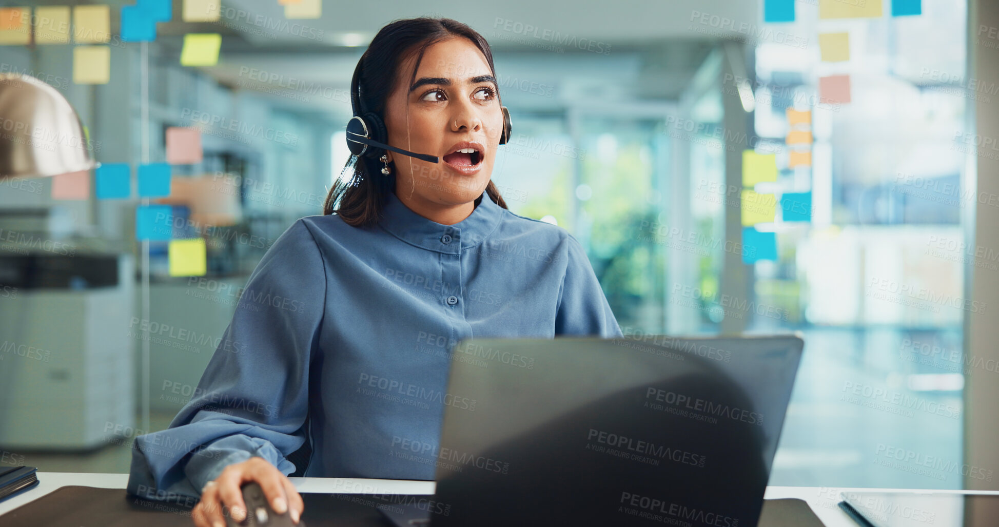 Buy stock photo Business woman, consultant and laptop with headset for communication, online chat or webinar at office desk. Female person, agent or advisor talking with technology for remote advice at workplace