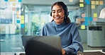 Professional, laptop and woman with microphone on online meeting for client briefing, campaign update and consulting. Media specialist, employee and webinar for project management at creative agency
